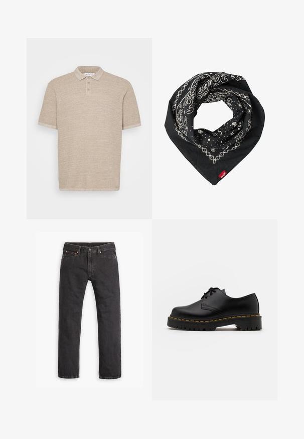 Beige polo skjorte med korte ermer, teksturert stoff, to-knappslukking og myk krage. Enkelt design, uten synlige mønstre eller detaljer.; Svarte straight-leg denim jeans med fem lommer, knappelukking og kobbernitter lagt flatt på en hvit bakgrunn.; Svart lær snøresko med rund tå, teksturert gummisåle og gul søm rundt bunnen. Flat design og glatt overflate.; Levi's® PAISLEY BANDANA UNISEX - Skjerf - regular black