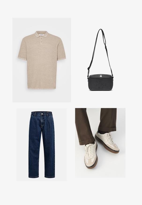 Beiger Poloshirt mit kurzen Ärmeln, strukturiertem Stoff, Knopfleiste mit zwei Knöpfen und weichem Kragen. Einfaches Design, keine sichtbaren Muster oder Akzente.; Dunkelblaue Denim-Jeans mit geradem Bein. Mit sichtbaren Nähten, einem Knopfverschluß und Frontfalten für zusätzliche Details.; Beige Sneakers mit einer strukturierten Wildlederfront, glatten Lederseiten und einer braunen Gummisohle. Bändel und helle Nähdetails sind enthalten.; Schwarze Leder-Crossbody-Tasche mit einem Reißverschluss, geprägtem Logo auf der Vorderseite und verstellbarem Riemen. Glatte Textur mit rechteckiger Form.