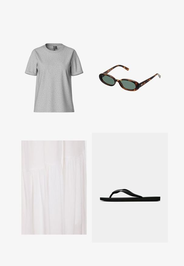Siva majica s kratkimi rokavi, izdelana iz mešanice mehkega bombaža, klasičnega kroja z okroglim izrezom, ki se ponaša s sproščenim fitom in zloženimi rokavi.; Bela obleka iz blaga z teksturirano površino, mehkim naborkom in neurejenimi oblikovalskimi elementi, ki ustvarjajo tekočo silhueto.; Črne gumijaste japonke s teksturirano thong naramnico in preprostim ravnim podplatom, prikazane s strani na enobarvni svetli podlagi.; Žirafne sončna očala z ovalnimi okvirji in zelenimi lečami. Imajo tanke ročice z metalnim poudarkom blizu tečajev.