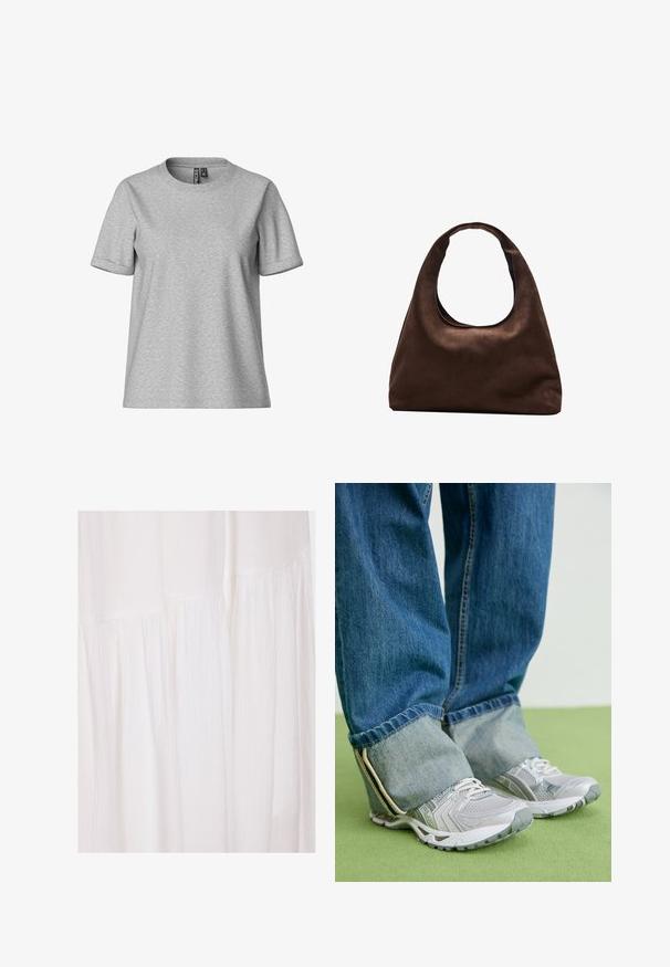 Grijze T-shirt met korte mouwen van een zachte katoenmix, klassiek ronde hals ontwerp, met een ontspannen pasvorm en omgeslagen mouwen.; Witte stoffen jurk met een gestructureerd oppervlak, zachte plooien en ongestructureerde ontwerpelementen, wat zorgt voor een vloeiende silhouet.; Grijze sportieve schoenen van mesh materiaal met witte accenten, in combinatie met blauwe denim jeans die aan de enkels zijn omgeslagen.; Zachte bruine hobo-stijl handtas met een enkele brede schouderband en een gebogen opening aan de bovenkant, weergegeven op een witte achtergrond.