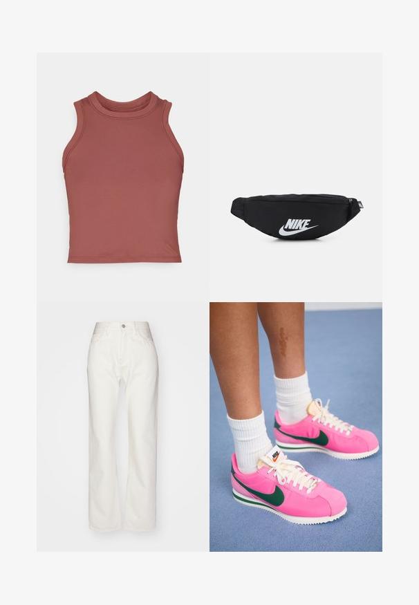 Top cropped sem mangas na cor malva, feito de um tecido suave e elástico. Apresenta um decote alto e costuras planas para um design minimalista.; Calças de ganga brancas com cintura alta e corte largo. Apresenta fecho de botão e zíper, passantes para cinto e detalhes de costura sutis.; Sapatilhas Nike em rosa com detalhes em verde, apresentando um material liso, atacadores brancos e uma sola texturizada. Meias brancas visíveis acima do tornozelo.; Mochila de cintura preta em nylon com fecho com zíper, apresentando um grande logótipo branco da Nike. Textura suave e design ergonómico para um uso confortável.