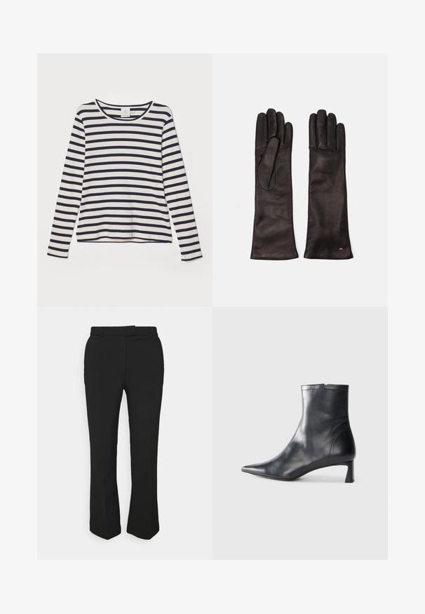 Langarmshirt in crème met marineblauwe horizontale strepen, voorzien van een ronde hals, ribbelstructuur en een ontspannen pasvorm.; Zwarte op maat gemaakte broeken met een recht gesneden ontwerp, voorzien van riemlussen en zijzakken. Gemaakt van een gladde stof met een nette afwerking.; Zwarte leren enkellaars met een spitse neus en een slank ontwerp. Heeft een lage hak en een ritssluiting aan de achterkant. Gladde textuur.; Weekend Max Mara SENAPE - Handschoenen - nero