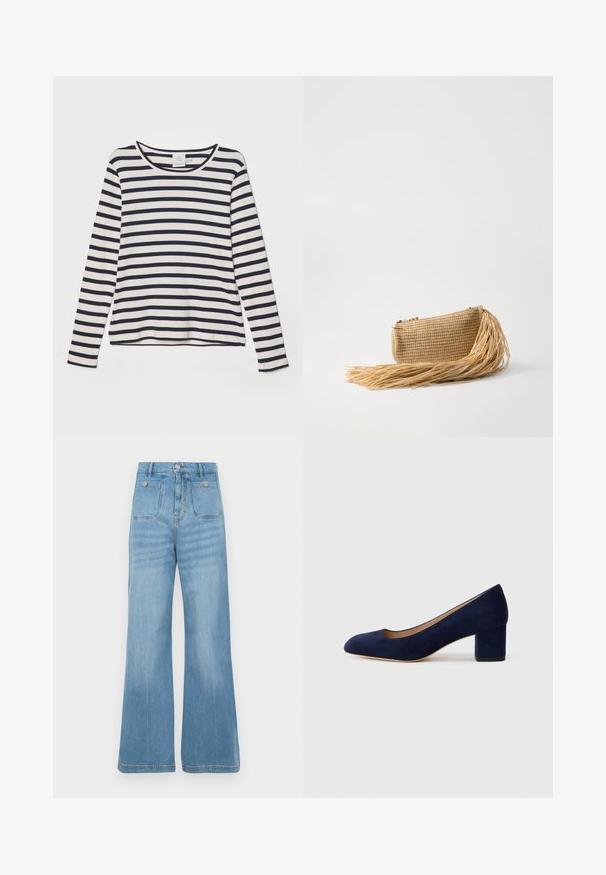 Majica z dolgimi rokavi v kremni barvi z mornarsko modrimi vodoravnimi črtami, z okroglim izrezom, rebrasto teksturo in sproščenim krojem.; Svijetloplave traperice s širokim nogavicama, koje sadrže dva prednja džepa i dva stražnja džepa, završene s neurezanom rubom i kopčanjem na dugme.; Temno modri nubuk čevlji s koničastim nosom in srednje visokim blokom. Gladka tekstura z diskretnim sijajem in majhnim izrezom spredaj.; Cult Gaia VIERA - Pisemska torbica - natural