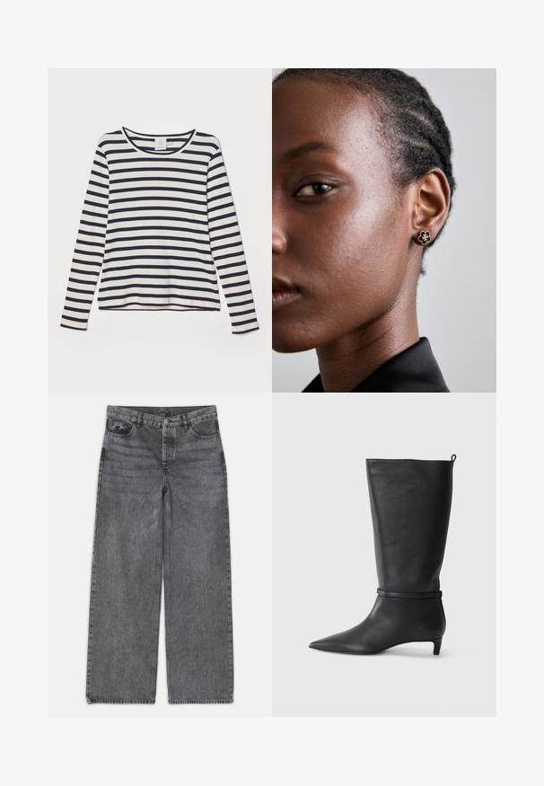 Long-sleeve shirt in cream with navy horizontal stripes, featuring a round neckline, ribbed texture, and relaxed fit.; Wide-leg jeans in dark gray denim. Features a high waist, five-pocket design, and front button closure. Smooth texture with subtle fading.; Black leather knee-high boot with a pointed toe, accented by a circular strap around the ankle and a low, tapered heel. Smooth texture.; Gold floral stud earring features a textured black center and delicate detailing. Model's clear skin and braided hair are visible in profile.