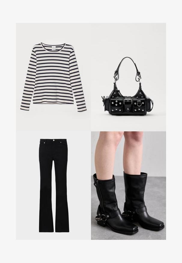 Koszula z długim rękawem w kolorze kremowym z granatowymi poziomymi paskami, z okrągłym dekoltem, żebrowaną fakturą i luźnym krojem.; Czarne dzwony z denimu, z dwoma przednimi kieszeniami, zapięciem na guzik i gładką fakturą. Widoczne charakterystyczne szycie na szwach.; Czarne skórzane kozaki do kolan z kwadratowym noskiem, bocznym zamkiem błyskawicznym i regulowanym paskiem z metalowym akcentem w postaci łańcucha. Matowe wykończenie i solidna podeszwa.; Czarna skórzana torebka w zakrzywionym kształcie, z srebrnymi ćwiekami, klamrą i dwoma bocznymi kieszeniami. Regulowany pasek umożliwiający różne opcje noszenia.