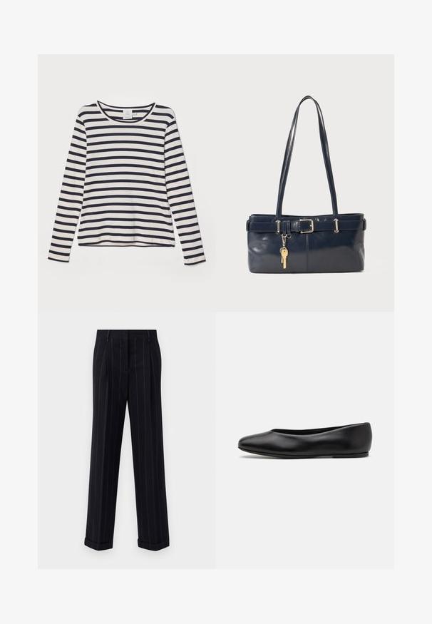Camisa de manga longa em creme com riscas horizontais em azul-marinho, featuring um decote redondo, textura canelada e corte descontraído.; Calças pretas risca de giz com um ajuste sob medida, apresentando uma bainha com dobra e pregas frontais. Feitas de um tecido suave com um design estruturado.; Paul Smith TOPANGA - Sabrinas - black; Bolsa de couro azul-marinho com duas alças longas, um detalhe de fivela e um porta-chaves anexado. Apresenta uma textura suave e uma forma retangular.