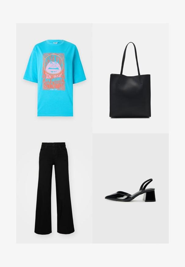 T-shirt de algodão turquesa com mangas curtas, apresentando uma estampa gráfica de lábios e texto em rosa e laranja, emoldurada por bordas decorativas.; Calças largas pretas em denim, com uma cintura estruturada, passantes para cinto e bolsos frontais. Textura suave com um design clássico.; Sandy em verniz preto com salto slingback, ponta afilada e salto geométrico. Apresenta um design elegante e minimalista com textura suave.; Bolsa tote preta em couro com textura lisa, forma retangular e duas alças longas. Sem hardware ou enfeites visíveis.
