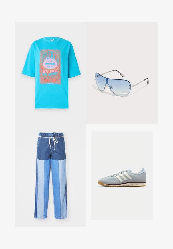 Tyrkis bomull t-skjorte med korte ermer, med et grafisk trykk av lepper og tekst i rosa og oransje, innrammet av dekorative kanter.; Blå denimbukser med et lapperedesign i forskjellige nyanser av blått, snor i livet og løse, rette ben.; Lys blå semsket sneakers med hvite tre striper, gummisåle og teksturert mesh. Har en jevn tåhette og merkevare på hælen.; Pilotbriller med gradient blå linse, sølvfarget metallramme og dekorative stjerneaksenter på linsen. Glatt og stilren design.