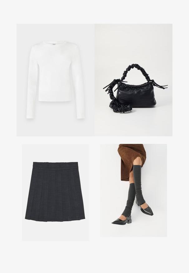 Garās piedurknes, apaļa kakla krekls vienkrāsainā baltā audumā. Tam ir pieguļošs siluets ar gludu tekstūru un diskretu zīmola logotipu apkakles daļā.; Tumši pelēks plisēts svārki ar elastīgu jostu, ar teksturētu audumu un klasisku A formas siluetu. Piemēroti ikdienas valkāšanai.; Melnas laka ādas apavi ar norādītu purngalu, blokveida papēdi un potīšu jostu, saskaņoti ar pelēkām ribotām kāju sildītājām un brūnu zamšādas svārku.; Melnā mākslīgās ādas rokassoma ar krokodila rakstu, savilkta augšdaļa un saburzīta siksna. Izskatās mīksta un kompakta pēc dizaina.