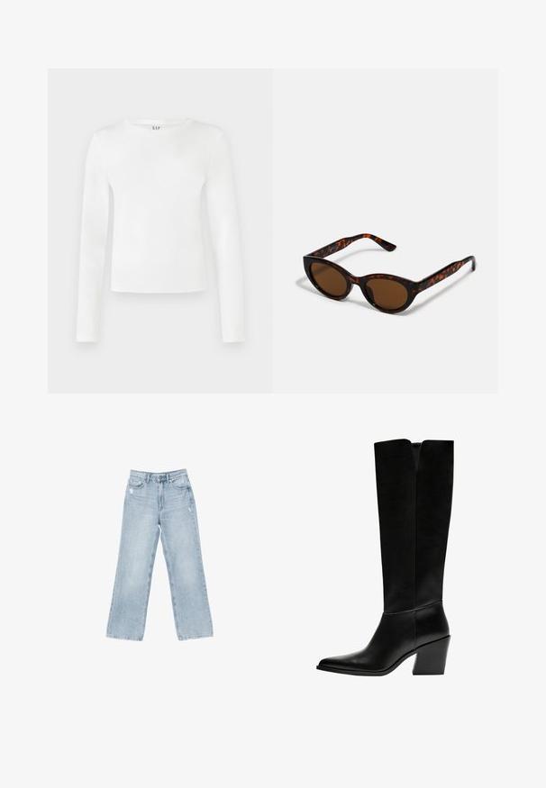 Langärmliges T-Shirt mit Rundhalsausschnitt aus solidem weißen Stoff. Es hat eine figurbetonte Silhouette mit glatter Textur und einem dezenten Markenlogo am Ausschnitt.; Hellblaue Jeans aus Denim mit weiter Beinform, mit Used-Details, fünf Taschen und einem Reißverschluss.; Schwarze kniehohe Stiefel aus glattem Leder, mit spitzem Schuhbund, einem Blockabsatz und einem V-förmigen Ausschnitt an der Oberseite.; Braune Schildpatt-Sonnenbrille mit einer Vintage-Cat-Eye-Form und braunen Gläsern. Verfügt über gebogene Bügel mit roten Akzenten.