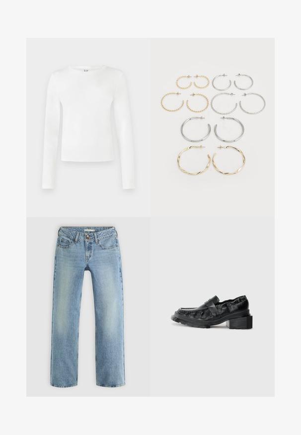 Langsleeve, ronde hals shirt in effen witte stof. Heeft een aansluitende pasvorm met een gladde textuur en een subtiele merklogo bij de hals.; Lichtblauwe rechte jeans van denim, met een knoopsluiting, vijf zakken en subtiele vervaging langs de benen.; Zwarte leren instappers met een gestructureerde zool, voorzien van een iets verhoogde blokhak en een textuur bovenkant, bevestigd met een voorkantriem.; Set van twaalf creolen in zilver- en goudernormen. Bevat gedraaide, gladde en textuurontwerpen in verschillende maten en afwerkingen.
