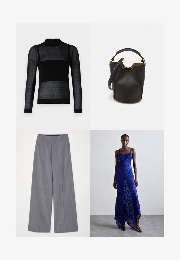 Čierny top s dlhým rukávom a krátkym golierom, ktorý má priesvitné textúrované panely, pevne prešívanú dolnú časť a priliehavé manžety.; MM6 Maison Margiela PANTS - Nohavice - grey melange; Maxi šaty s potlačou zvieracích vzorov v modrej a fialovej farbe, s tenkými ramienkami, priliehavým telom, rozšíreným lemom a priesvitnými detailmi.; Čierna kožená vedro taška s textúrovaným povrchom, zlatými kovovými detailami a otvoreným vrcholom. Obsahuje krátku rukoväť a nastaviteľný ramenný popruh.