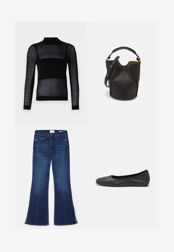 Musta pitkähihaisinen paita, jossa on puolikorkea kaulus, läpinäkyvät teksturoidut paneelit, kiinteä alaosa ja istuvat hihansuut.; Tummansiniset leveälahkeiset farkut, jotka on valmistettu denimmateriaalista. Ominaisuuksiin kuuluu korkea vyötärö, etupocketit ja halkiokohdat helman kohdalla. Klassinen viiden taskun muotoilu.; Musta nahkainen ballerina, jossa on pyöristetty kärki, sileä pinta, minimaalinen ommelkoristelu ja joustava pohjamuotoilu.; Mustan nahka-buckettikassi, jossa on teksturoitu pinta, kultaiset metalliosat ja avoin yläosa. Ominaisuuksiin kuuluu lyhyt kahva ja säädettävä olkahihna.