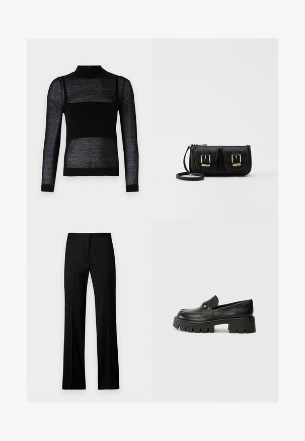 Black long-sleeve top with a mock neck, featuring sheer textured panels, solid lower section, and fitted cuffs.; Black straight-leg trousers in smooth fabric, featuring a flat front, belt loops, and no visible pockets or embellishments.; Black leather loafers with a chunky sole, featuring a gold-tone accent on the front and a smooth finish. Chunky tread design on the sole.; Black leather crossbody bag with two front pockets, gold buckles, zipper closure, and a slim strap. Textured surface and compact rectangular shape.