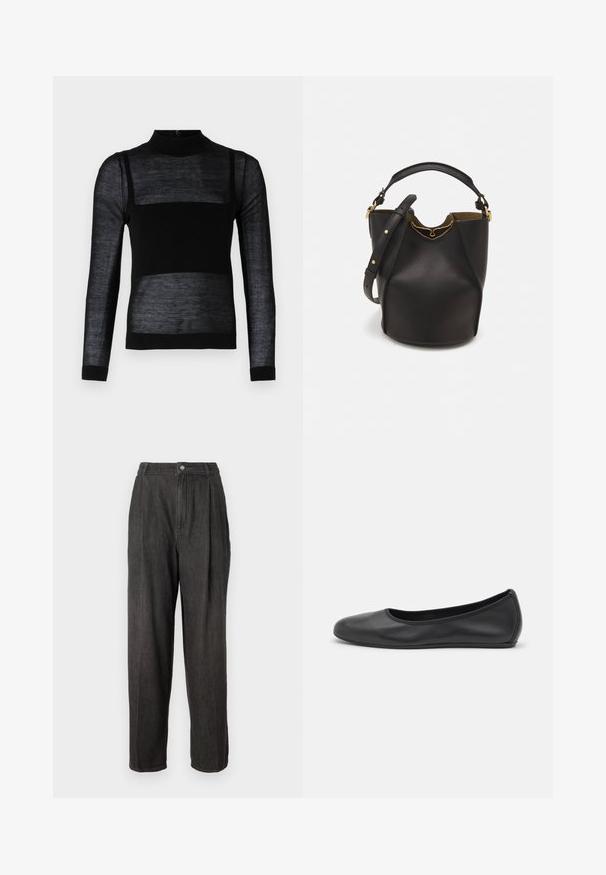 Čierny top s dlhým rukávom a krátkym golierom, ktorý má priesvitné textúrované panely, pevne prešívanú dolnú časť a priliehavé manžety.; Tmavošedé denimové nohavice s vysokým pásom, s plisovaním vpredu, rovnými nohavicami a jedným gombíkom na zapínanie v páse.; Čierne kožené baleríny s okrúhlou špičkou, hladkým povrchom, minimálnym prešívaním a flexibilným dizajnom podrážky.; Čierna kožená vedro taška s textúrovaným povrchom, zlatými kovovými detailami a otvoreným vrcholom. Obsahuje krátku rukoväť a nastaviteľný ramenný popruh.