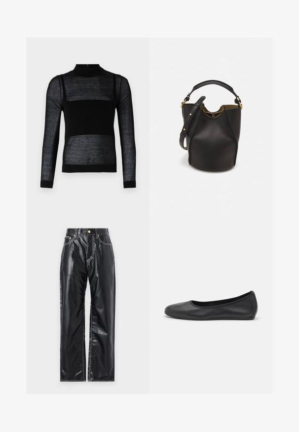 Black long-sleeve top with a mock neck, featuring sheer textured panels, solid lower section, and fitted cuffs.; Black faux leather pants with a wide-leg cut, featuring white stitching, front pockets, and a gold button at the waistband.; Black leather ballet flat with a rounded toe, smooth texture, minimal stitching detail, and a flexible sole design.; Black leather bucket bag with a textured finish, gold hardware accents, and an open top. Features a short handle and adjustable shoulder strap.