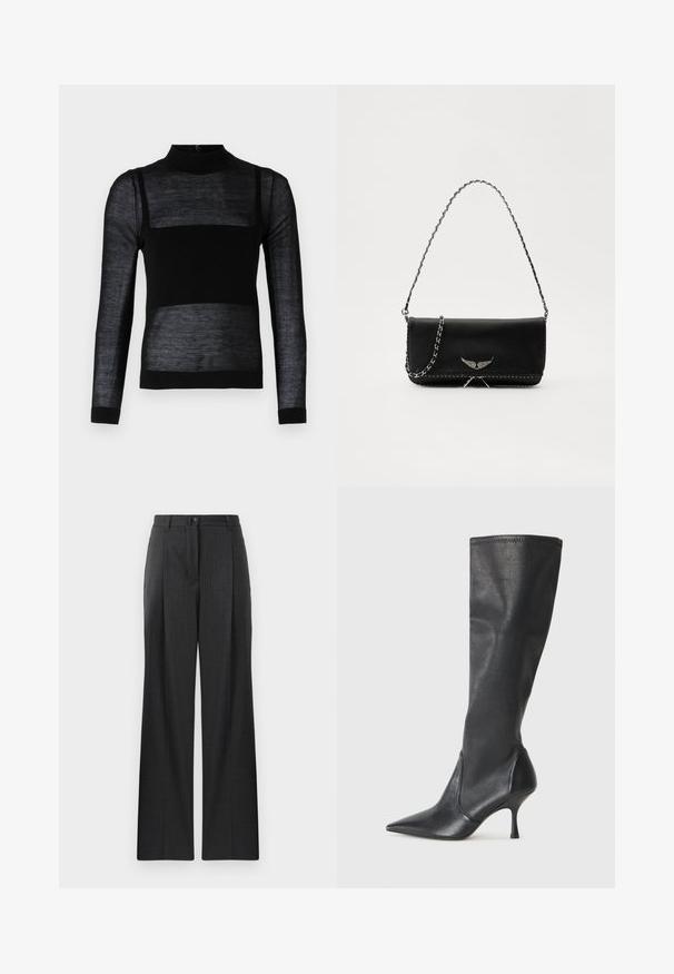 Schwarzes Langarmoberteil mit stehendem Kragen, mit transparenten strukturierten Einsätzen, festem unteren Bereich und engen Bündchen.; Grau gestreifte Hose mit geradem Bein, ausgestattet mit einem Knopfverschluss und Falten auf der Vorderseite. Hergestellt aus einem glatten Material.; Knöchelhoche schwarze Lederstiefel mit einer spitzen Zehe und einem schlanken Stiletto-Blockabsatz. Glatte Textur mit einer enganliegenden Passform und Nähten am oberen Rand.; Schwarze Lederhandtasche mit einem silbernen Kettenriemen, verziert mit dekorativen Flügelakzenten und weißen Nähten entlang der unteren Naht.