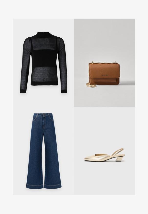 Svart langermet topp med høy hals, med gjennomsiktige teksturerte paneler, solid nedre del og tettsittende mansjetter.; Bredde ben blå denim bukser med høy midje, med en knappeåpning, beltehemper og subtile sømdetaljer langs lommer og sømmer.; Metalliske gull slingback hæler med spiss tå, lav blokkhæl og glatt tekstur. Minimalistisk design med utstansede detaljer på siden.; Brun teksturert lær crossover-veske med gullkjede-stropp og klaffelukking. Fronten har logo-detalj og en lomme under klaffen.
