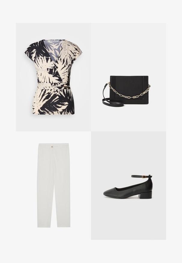 Black and cream wrap top featuring a leaf pattern, short sleeves, a deep v-neckline, and a fitted waist with gathered detailing.; White, tailored trousers with a straight leg design, featuring a button closure, belt loops, and side pockets; smooth fabric texture.; Black leather pump with a pointed toe and a low block heel. Features an ankle strap with a gold-tone buckle. Smooth texture.; Black leather crossbody bag featuring a smooth texture, rectangular shape, and a metallic chain detail on the front. Adjustable strap included.