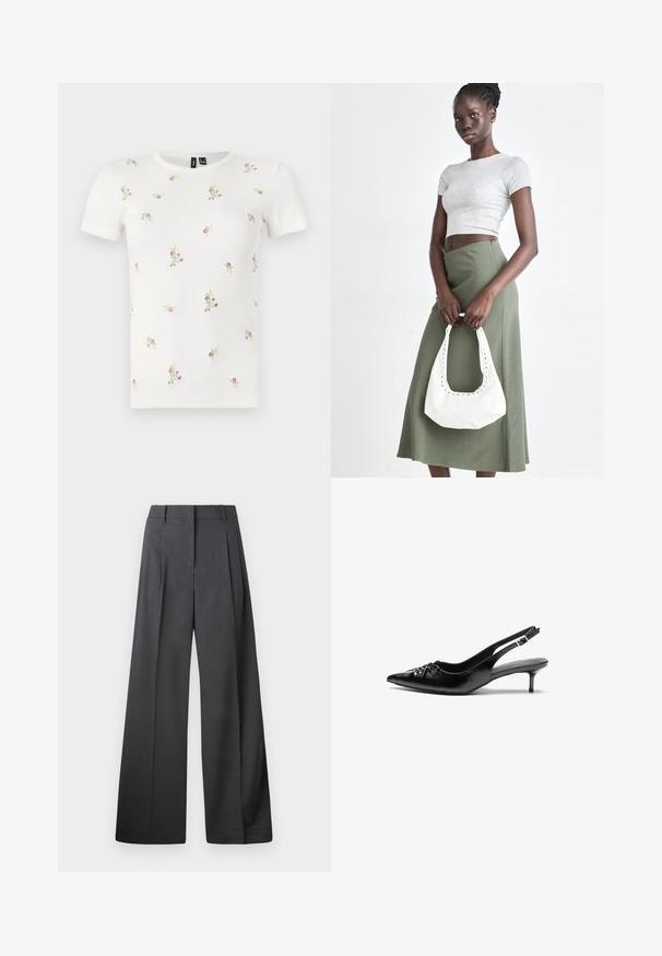 Bela kratka majica z rebrastim vzorcem, ki vključuje cvetlični vezenini v roza in zeleni barvi. Klasičen okrogel izrez, prilegajoča se oblika.; Široke hlače iz temno sive tkanine, z visokim pasom, enim pregibom ter gladko teksturo z čisto obrobo na robovih.; Črne usnjene slingback pete z izostrenim nosom, majhno mačje peto in okrasno vozličasto podrobnostjo na sprednjem delu. Gladka tekstura po celotni površini.; Sivina rebrasta kratka majica in olivno zelena krila z visokim pasom. Model drži belo torbico za na rame s izrezljanjem. Preprost dizajn, oprijet silhueta.