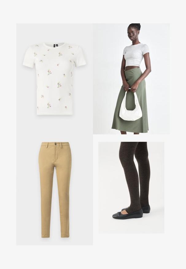 Short-sleeve white ribbed t-shirt featuring a floral embroidery pattern in pink and green. Classic round neckline, fitted shape.; Khaki chinos made of cotton blend fabric, featuring a slim fit, belt loops, front pockets, and a single button closure.; Black flat shoes with a small bow detail at the toe, paired with dark brown ribbed tights. Shoes have a smooth texture and low profile.; Gray ribbed crop top and olive green high-waisted skirt. Model holds a white shoulder bag with cut-out detailing. Simple design, fitted silhouette.
