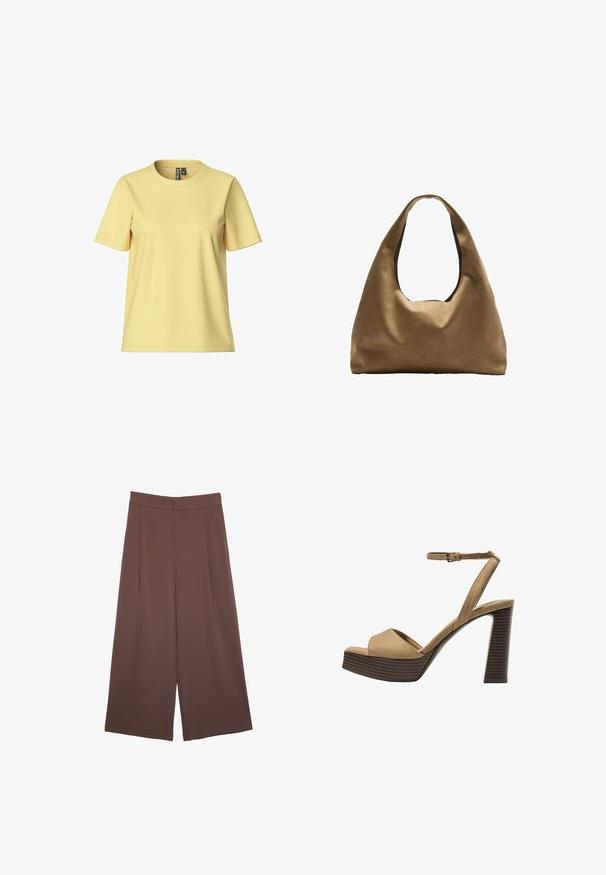 Keltainen lyhythihainen t-paita pehmeästä kankaasta. Siinä on pyöreä kaula-aukko ja yksinkertainen, siisti muotoilu ilman kuvioita tai koristeluita.; Ruskeat leveälahkeiset housut, joissa on sileä pinta, korkea vyötärö ja etupleat. Kangas on kevyttä ja laskeutuu väljänä.; Beige-nahkareunaiset korkokengät, joissa on leveä etuolka ja ankle strap, varustettu paksulla puukengän korolla, jossa on tekstuuripinta.; Ruskea kangaskassi, jossa on leveä, pyöristetty muoto ja suuri leikattu kahva. Pehmeä pinta, minimalistinen muotoilu ja ei näkyvää metalliosaa.