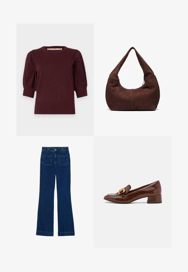 Burgundské pletené svetr s nabíranými rukávy do poloviny délky a žebrovanými manžetami a spodním lemem, navržený pro ženy.; Džínové zvonové kalhoty v tmavě modré barvě s hladkou strukturou, pěti kapsami a zapínáním na knoflík v pase.; Hnědé kožené mokasíny s lesklým povrchem, se zdobnou zlatou sponou na přední straně a nízkým blokovým podpatkem. Klasický design.; Hnědá semišová hobo taška s zakřiveným, širokým uchem a velkým otvorem. Měkká textura se viditelným prošíváním podél okrajů.
