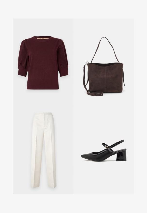 Burgundy kötött pulóver puffos, középhosszú ujjal, bordázott mandzsettával és lefelé szélesedő aljjal, nőknek tervezve.; Krémszínű nadrág, szabott fazonnal, egyenes szárakkal, sima anyagból, elöl pliszírozott és letisztult szegéllyel. Minimális dizájn.; Fekete lakk bőr, pántos magassarkú cipő, hegyes orral, lekerekített kivágással és tömbsarkal. Arany színű csat díszíti.; Barna velúrbőr táska puha tapintással, egyetlen vállpánttal és finoman ívelt felső nyitással. Nincs látható fémrész.