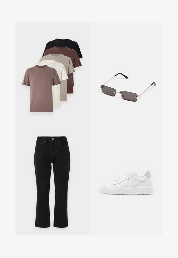 Abercrombie & Fitch 5-Pack Relaxed Essential Tees - Lihtne T-särk - casual black/frenchroast/iron/rockridge/jet stream; Must musträäp ja hallikirju jope kraega, nööpidega ees ja kahe rinna taskuga. Valmistatud tekstuursest kangast.; Mustad mustrid teksased, klassikalise sirge jalgade lõikega, viie taskuga stiilis ning metallist detailidega, millel on vasest aktsendid. Sile tekstuur ja keskmine tõus.; Valged nahast spordijalatsid siledast nahast viimistlusega, ümarate varvastega, lamekestega ja tekstuuriga tallaga. Hall suede aktsent kanna juures.; Kübarid, millel on ristkülikukujulised, tumedhalli värvi läätsed, hõbedased metallraamid ja mustad plastotsad käeotsades. Kerge disain koos nina padjadega.