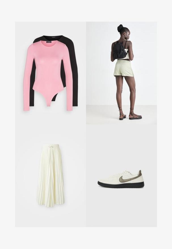 Długi rękaw bodysuit w kolorze różowym i czarnym. Miękki, elastyczny materiał z okrągłym dekoltem i dopasowanym krojem, z majteczkami w kroku na dole.; Skórzana spódnica midi w jasnym żółtym kolorze, z elastycznym pasem z wiązaniem, gładką fakturą i pionowymi paskami dla dodatkowego akcentu.; Nike Sportswear - Sneakersy niskie; Czarny plecak na sznurku, jasnoszare szorty, beżowa bluzka i czarne sandały na ramiączkach. Modelka pozuje z tyłu na jasnym tle.