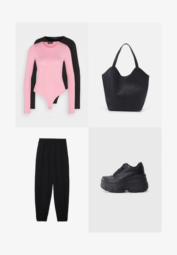 Hosszú ujjú body pink és fekete színben. Puha, rugalmas anyag, kerek nyakkivágással és testhezálló kialakítással, nagyított fazonnal az alján.; Fekete, könnyű nadrág elasztikus derékkal és ráncolt bokákkal. Az anyag sima és laza, szűkített dizájnnal rendelkezik.; Fekete fűzős sportcipők vastag talppal, sima bőrből készült felső résszel, kerek orral és jellegzetes, réteges platform dizájnnal.; Fekete tote táska sima bőrből, ívelt, nyitott tetővel és két vállpánttal, minimális dizájnnal.