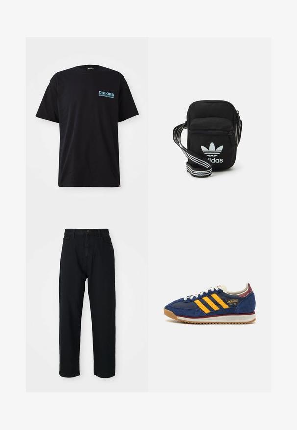 Črna bombažna majica s kratkimi rokavi, s plavo oznako "DICKIES WORKWEAR COMPANY" na levem prsnem delu. Standarden kroj vratu.; Črne jeans hlače s ravnim krojem. Imajo klasičen pet-pocket dizajn, zapiranje na gumb in subtilno teksturo tkanine.; Mornarsko modre suede teniske z rumenimi črtami, belimi vezalkami in burgundskimi poudarki. Teksturna podplat z utori za oprijem. Logotip blagovne znamke na strani.; Črna tkaninska torbica čez ramo z zadrgo, ki vsebuje belo Adidasovo logo in pridelano naramnico z več črtami za enostavno nošenje.