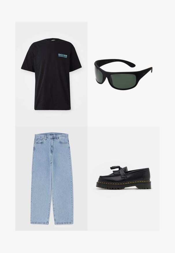 Mustat puuvillapaitat, joissa on lyhyet hihat, vasemmassa rinnassa sininen "DICKIES WORKWEAR COMPANY" -logo. Normaali pyöreä kaulus.; Vaaleansiniset farkut suoran lahkeen muotoilulla, joissa on puolivälin vyötärö, viisi taskua sekä nappi- ja vetoketjusuljenta.; Musta nahkakengät, joissa on tupsuakkentti, paksu musta pohja ja keltainen ommel reunassa. Rakeinen pinta.; Mustat wraparound aurinkolasit tummanvihreillä linsseillä. Matte-pinta, kaareva muotoilu, suorat sivupäät ja hillitty brändäys sivussa.; Setti seitsemän hopeasormusta, joissa on erilaisia muotoiluja, kuten kierrettyjä, linkitettyjä ja kaiverruksilla varustettuja kuvioita. Eri muotoja ja leveydet.