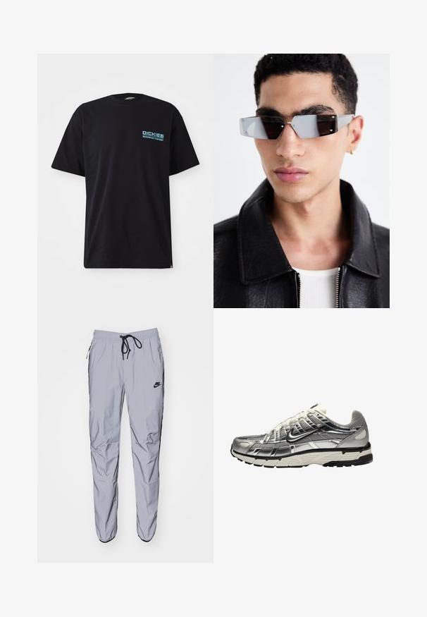 Black cotton t-shirt with short sleeves, featuring a blue "DICKIES WORKWEAR COMPANY" logo on the left chest. Standard crew neckline.; Light grey sweatpants made of smooth, lightweight fabric with black accents. Features an elastic waistband with drawstring and side pockets.; Silver and black athletic shoe with a mesh and synthetic upper, voluminous design, and a textured finish. Features a padded collar and rubber sole.; Angular gray-tinted sunglasses with silver hardware, set against a light background. The lenses feature a unique geometric shape.