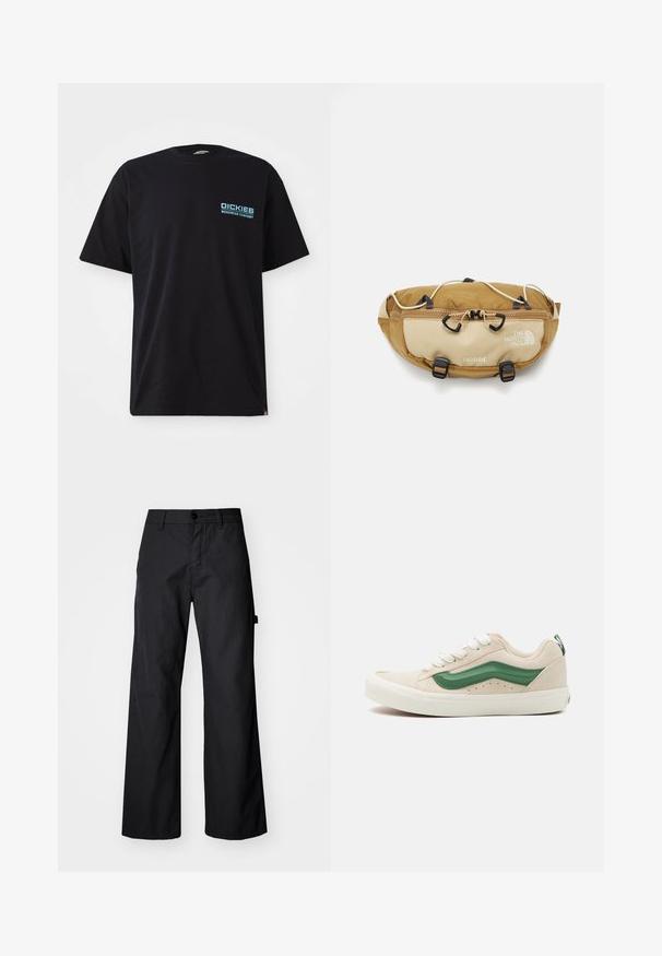 Melnā kokvilnas T-kreklā ar īsām piedurknēm, kas rotāta ar zilu "DICKIES WORKWEAR COMPANY" logotipu kreisajā krūtīs. Standarta apaļais kakla izgriezums.; Melnas, plašas bikses, izgatavotas no izturīga auduma. Iekļauj pogu aizdari un sānu kabatas. Gluda tekstūra ar tīru dizainu.; Bežīgas zamšādas sporta kedas ar zaļiem ādas akcentiem, noapaļota purngala forma, baltas šņores un teksturēta apdare sānos. Redzama gumijas zole.; The North Face TERRA LUMBAR 3L UNISEX - Jostas soma - utility brown/khaki stone