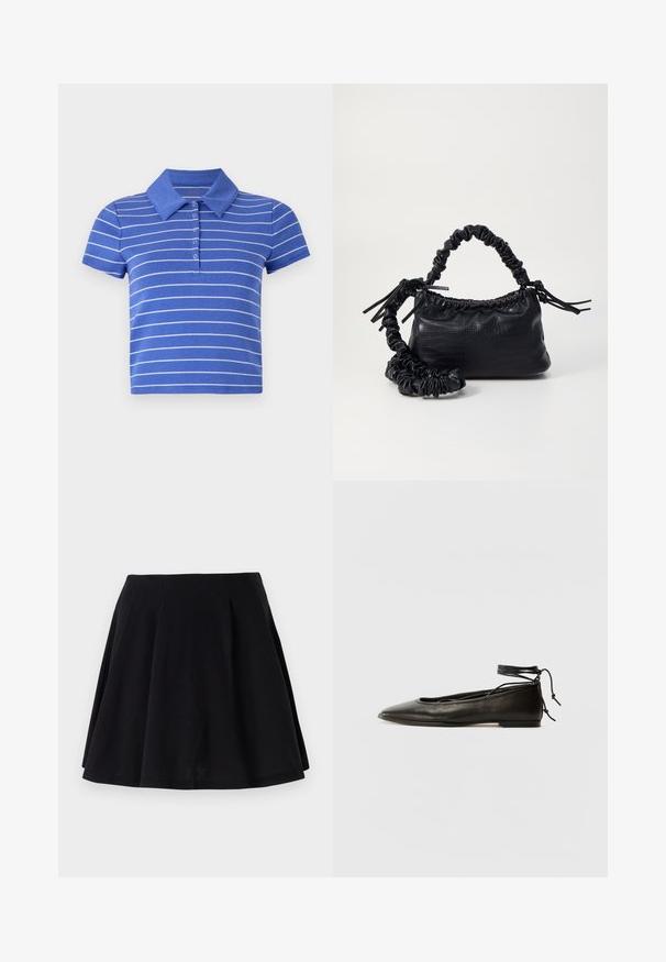 Blaue Poloshirts aus Baumwolle, mit kurzen Ärmeln, einem Kragen und horizontalen weißen Streifen. Fünf-Knopf-Leiste.; Schwarzer Baumwollrock mit schwingendem Schnitt, der Falten im Taillenbereich und eine glatte Textur aufweist. Geeignet für legere Anlässe.; Schwarze Leder-Ballerinas mit spitzem Zehenbereich, Knöchelband und flacher Sohle, die eine glatte Textur und ein minimalistisches Design aufweisen.; Schwarze Handtasche aus Kunstleder mit Krokodilstruktur, gerafftem oberen Teil und einem geschoppten Tragegurt. Sie wirkt weich und kompakt im Design.