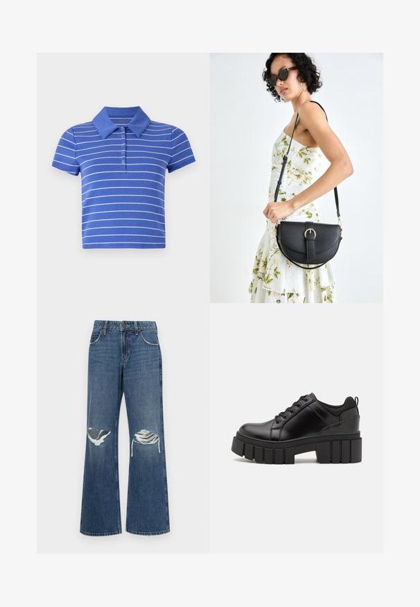 Plava polo majica napravljena od pamuka, s kratkim rukavima, ovratnikom i horizontalnim bijelim prugama. Detalj s pet dugmadi.; Traperice širokih nogavica u srednje plavoj boji, s izrezima na koljenima, sirovim rubovima i klasičnim dizajnom s pet džepova i metalnim kopčanjem.; Crne kožne platforme s debelim blok-peta, okruglim prstima i klasičnim dizajnom vezanja. Imaju gladak tekstur i minimalne detalje.; Crna kožna torba s lukovitim oblikom, odvojivim remenom i zlatnim detaljima. Torba ima preklop s kopčom.