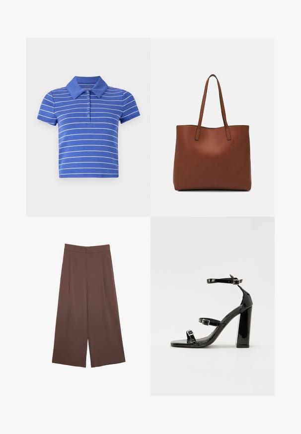 Polo shirt blu in cotone, con maniche corte, colletto e righe orizzontali bianche. Dettaglio con patta a cinque bottoni.; Pantaloni ampi marroni con una texture liscia, caratterizzati da una vita alta e pieghe frontali. Il tessuto è leggero e scorre liberamente.; Sandali con tacco in vernice nera, con punta squadrata, cinturini alla caviglia e fibbie in argento. Presentano un tacco a blocco spesso per maggiore stabilità.; Borsa tote in pelle marrone con texture liscia, design con apertura superiore e due spallacci. Presenta cuciture minime e nessun hardware visibile.