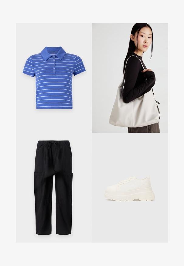 Plava polo majica napravljena od pamuka, s kratkim rukavima, ovratnikom i horizontalnim bijelim prugama. Detalj s pet dugmadi.; Crne platnene cargo hlače s opuštenim krojem, koje imaju elastičnu struk i više bočnih džepova za dodatnu funkcionalnost.; Bijela platnena tenisica s debelim potplatom, zaobljenim vrhom i pet rupica za vezice. Stražnji tab za jednostavno obuvanje. Glatka tekstura, minimalistički dizajn.; Bežna torba od mekog materijala s opuštenim dizajnom, šivanim detaljima i dva remena za rame. Pogodna za svakodnevnu upotrebu.