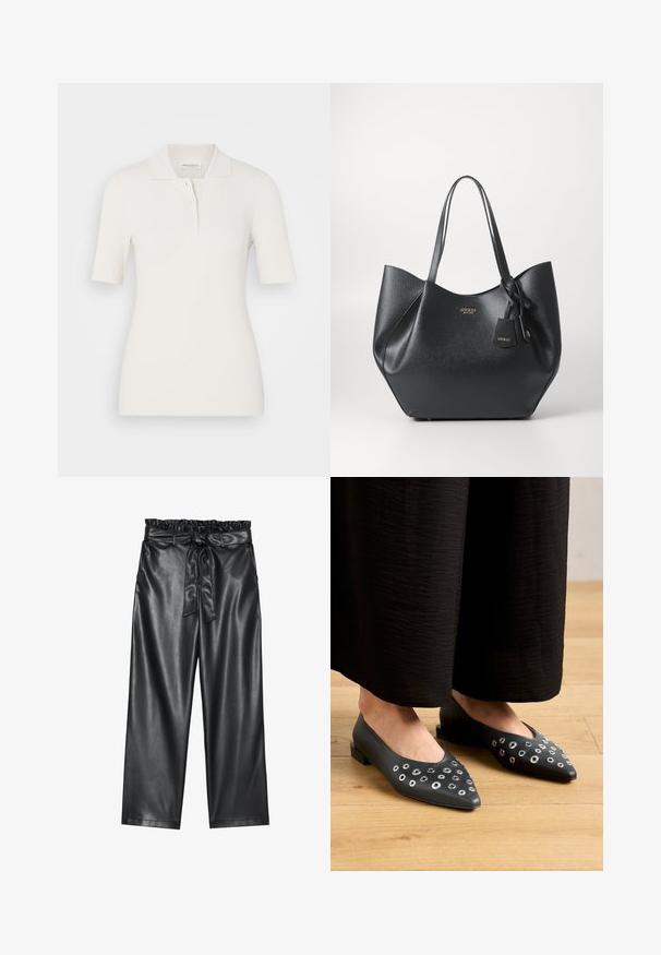 Bílý žebrovaný polo tričko s krátkým rukávem, s límcem a knoflíkovou légou na tři knoflíky. Měkká textura a přiléhavý střih.; Bílá halenka s dlouhými rukávy a klasickým límečkem, zapínání na knoflíky vpředu a naříznutím po stranách. Hladká tkanina s tvarovaným střihem.; Černé kalhoty z umělé kůže s širokými nohavicemi, elastickým volánkovým pasem a odnímatelným opaskem s mašlí. Hladká textura a minimální lesk.; Černé kožené baleríny s špičatou špičkou, zdobené kovovými očky různých velikostí a s nízkým čtvercovým podpatkem. Hladký povrch na dřevěné podlaze.; Černá taška přes rameno vyrobená z texturovaného syntetického materiálu s širokým siluetou, vybavená dvojitými uchy a detaily s logem.