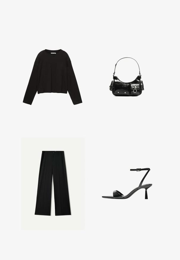 Fekete, hosszú ujjú, rövidített póló, puha pamutból készült. Kerek nyakkivágással és laza fit-ettel rendelkezik, ejtett vállakkal. Nincsenek látható minták vagy díszítések.; Bershka WIDE - Nadrágok - black; Bershka Magas sarkú szandálok - black; Fekete lakkbőr kézitáska ívelt formával, egy vállpánttal, elülső zsebekkel és ezüstszínű fémrészletekkel.