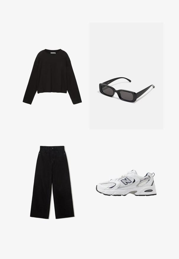 Černá dlouhá rukávová zkrácená halenka vyrobená z měkké bavlny. Má kulatý výstřih a volný střih s kleslými rameny. Žádné viditelné vzory nebo akcenty.; Černé džínové kalhoty s širokými nohavicemi a vysokým pasem, s pěti kapsami a jedním knoflíkem na přední straně.; Bílé sportovní boty s textilním svrškem, námořnickými akcenty a polstrovanou podrážkou. Obsahují logo "N", tkaničky a texturovaný detail na boku.; Černé obdélníkové sluneční brýle s tmavými skly, lesklým povrchem, širokými ramínky a robustním designem rámu. Vytlačený název značky na jednom ramínku.