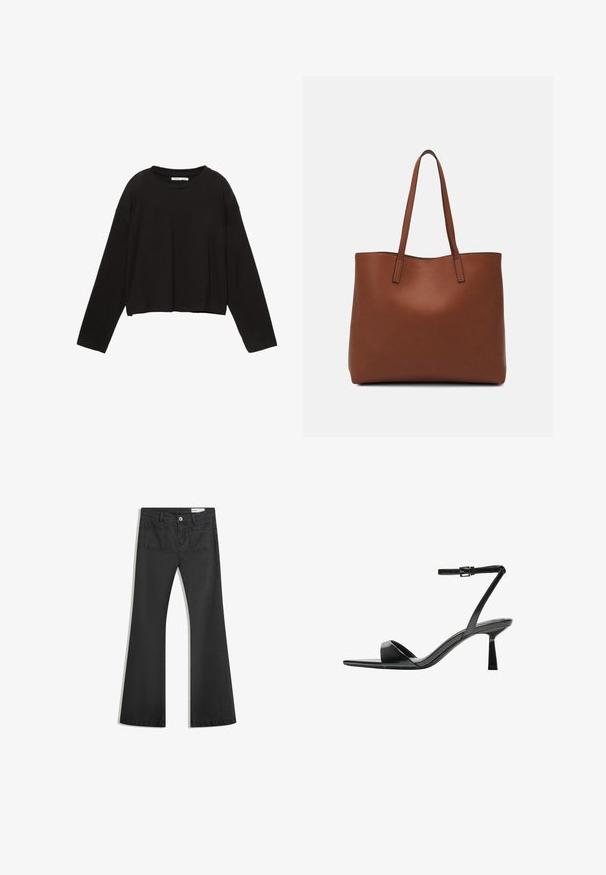 Crna dugovanja majica kratkog kroja napravljena od mekanog pamuka. Ima okrugli izrez i slobodan kroj s niskim ramenima. Nema vidljivih uzoraka ili naglasaka.; Crne široke traperice od denima s glatkom teksturom, s dva stražnja džepa i kopčanjem na dugme u struku.; Bershka Sandale s visokom petom - black; Smeđa kožna torba preko ramena s glatkom teksturom, otvorenim vrhom i dvjema naramenicama. Ima minimalne šavove i nema vidljivog hardvera.