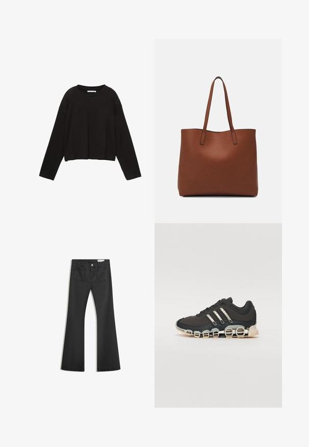 Sort cropped skjorte med lange ærmer lavet af blødt bomuld. Har rund halsudskæring og løs pasform med sænket skuldre. Ingen synlige mønstre eller accenter.; Sorte flared jeans lavet af denim med en glat tekstur, som har to baglommer og en knaplukning i taljen.; Sort træningssko med en tekstureret overdel, tre sølvstriber og en karakteristisk støttende sål med flere integrerede sektioner.; Brun læder tote taske med en glat overflade, åben topdesign og to skulderremme. Har minimal syning og ingen synlig hardware.
