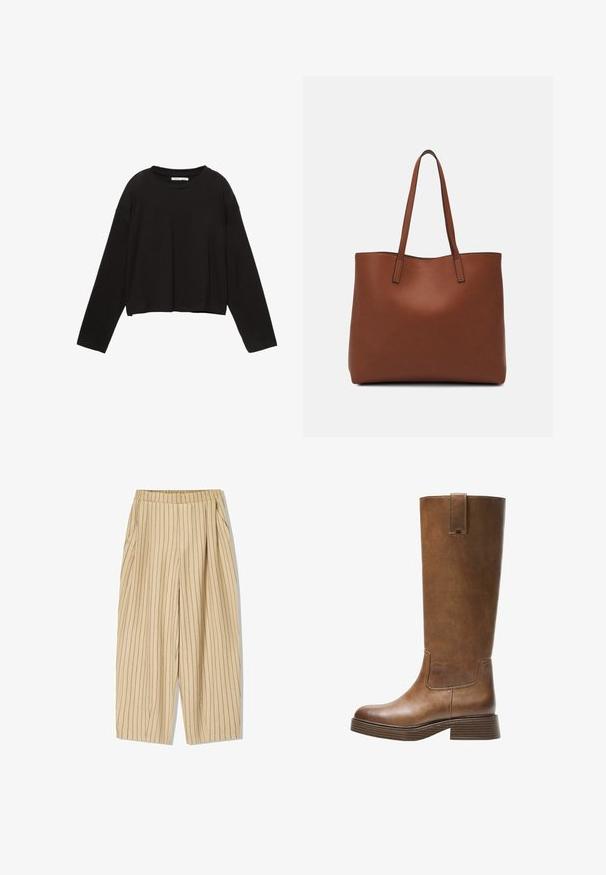 Cămașă scurtă, cu mânecă lungă, de culoare neagră, fabricată din bumbac moale. Are un guler rotund și o croială largă, cu umeri căzuți. Nu are modele sau accente vizibile.; Pantaloni bej stripe cu un tiv elastic, având două buzunare laterale, croială lejeră și dungi verticale negre pentru detaliu.; Botă din piele maro, până la genunchi, cu vârf rotunjit, suprafață texturată și toc mic, îngroșat. Dispune de un panou lateral și un capac de prindere în partea de sus.; Geantă de umăr din piele maro cu o textură netedă, design cu vârf deschis și două curele pentru umăr. Prezintă cusături minime și fără componente metalice vizibile.