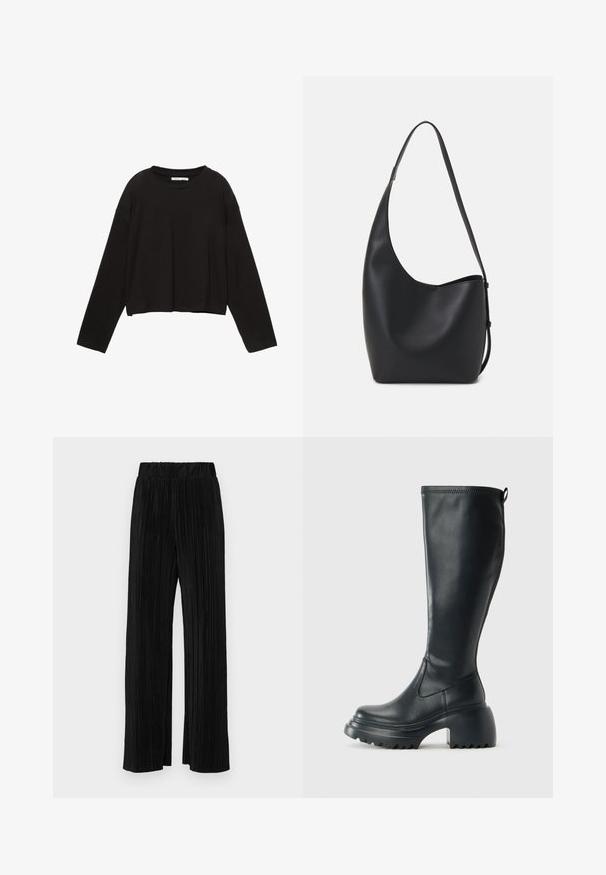 Sort cropped skjorte med lange ærmer lavet af blødt bomuld. Har rund halsudskæring og løs pasform med sænket skuldre. Ingen synlige mønstre eller accenter.; Sorte plisserede bukser med elastisk talje. Har brede ben og et glat, tekstureret stof med lodrette striber.; Høj sort læderstøvle med kraftig platformssål og blokhæl, med trækstrop og tekstureret sål.; Sort læder hobo taske med en glat overflade, buet form og en enkelt justerbar rem; har en bred åbning øverst.