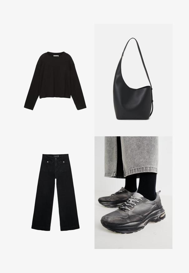 Sort cropped skjorte med lange ærmer lavet af blødt bomuld. Har rund halsudskæring og løs pasform med sænket skuldre. Ingen synlige mønstre eller accenter.; Sorte vidde jeans med høj talje, der har to forlommer og metalknapdetaljer. Stoffet har en glat tekstur.; Sorte og grå atletiske sko har en mesh-overdel, tykke såler og snørebånd. De har en afrundet tå og synligt dæmpningsdetalje.; Sort læder hobo taske med en glat overflade, buet form og en enkelt justerbar rem; har en bred åbning øverst.