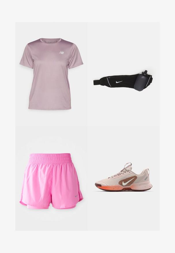 New Balance Tekninen t-paita - ice wine; Vaaleanpunaiset urheilushortsit, joissa on smockattu vyötärö ja keveä kangas. Sisältää harmaan Nike-logon ja kerroksellisen muotoilun hengittävyyden parantamiseksi.; Vaaleanbeige urheilujalkineet, joissa on teksturoidusta kankaasta valmistettu yläosa, oransseja yksityiskohtia, verkkomateriaalia sivupaneelissa ja kumipohja. Sivussa on logo.; Musta vesipullovyö säädettävällä hihnalla, jossa on valkoinen Nike-logo, harmaa vesipulloteline ja valkoiset korostusompeleet.