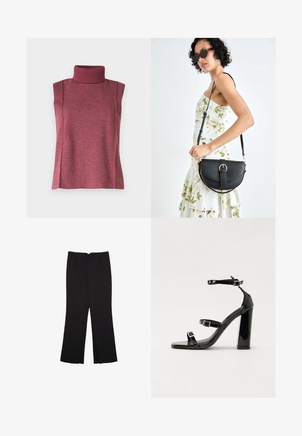 Tričko bez rukávov s rolákovým výstrihom v burgundy pletenine, s vysokým rebrovaným golierom a bočnými švami pre štruktúru a lepšie priliehanie.; Čierne nohavice so strihom rovného strihu, s prednými vreckami a bočnými rozparkami na leme. Vyrobené z mäkkej, hladkej tkaniny. Vhodné na rôzne príležitosti.; Čierne lakované sandále na podpätku so štvorcovou špičkou, navlečenými remienkami okolo členku a striebornými prackami. Disponujú masívnym blokovým podpätkom pre stabilitu.; Čierna kožená kabelka s zaobleným tvarom, odnímateľným popruhom a zlatými doplnkami. Kabelka má klopu s detailom s prackou.