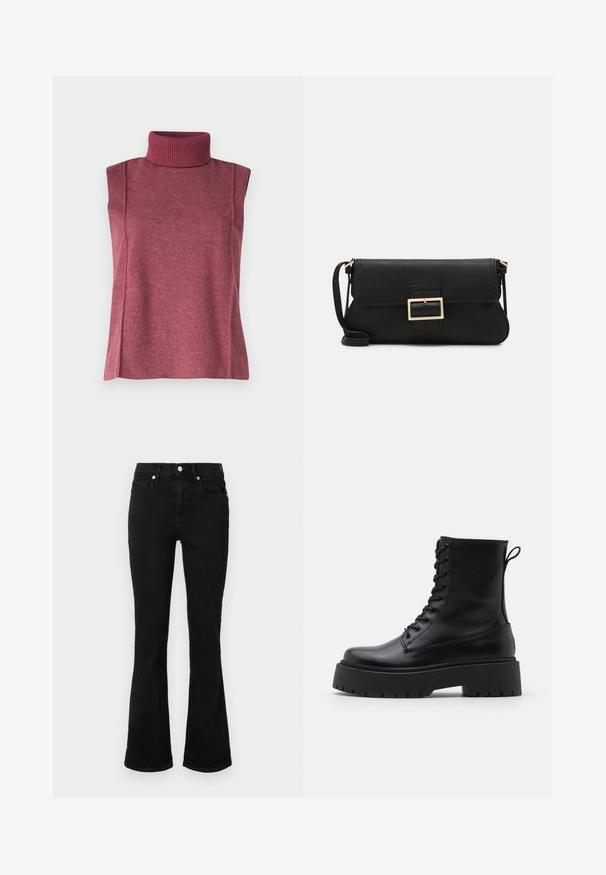 Sleeveless turtleneck top in burgundy knit fabric, featuring a high ribbed neckline and side seams for structure and fit.; Black flared jeans made of denim, featuring a mid-rise waist, front pockets, and button closure. Smooth texture with minimal stitching details.; Black leather ankle boots with a round toe, lace-up front, and a thick rubber sole featuring a textured tread. Pull tab at the back.; Black leather clutch bag with a flap and a gold metal buckle detail. Includes a black strap and a sleek, minimalist design.